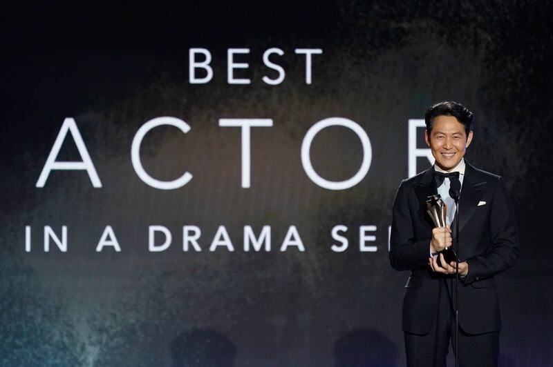 Lee Jung-Jae accepts the award for Best Actor in Drama Series for 'Squid Games'. AP