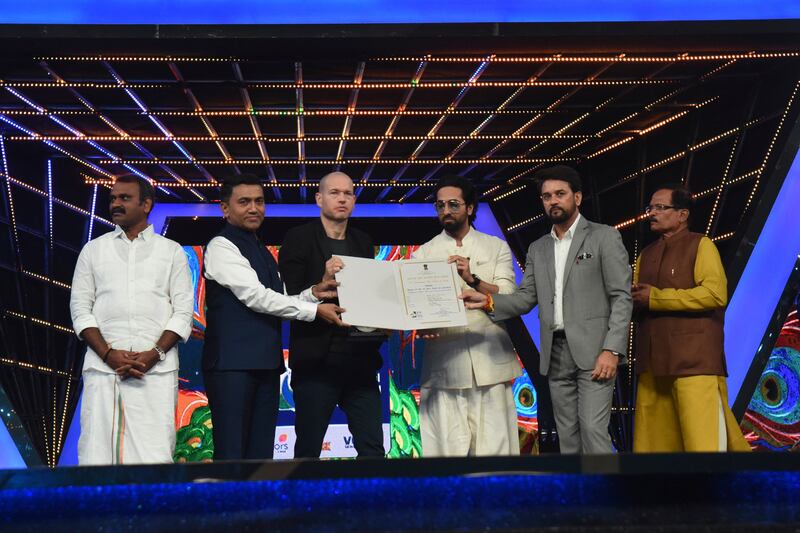 Jury chairman Nadav Lapid, third left, at the closing ceremony of the International Film Festival of India in Goa on November 28. AP