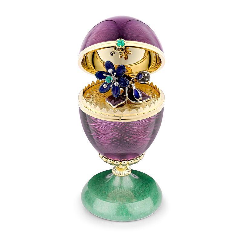 Limited-edition 18k yellow gold purple guilloche enamel egg object, price on request, Faberge