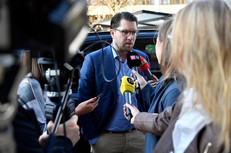 Sweden Democrats party leader Jimmie Akesson arrives at the TV-channel TV4 in Stockholm Monday, Sept. 10, 2018 after the general election in Sweden. (Henrik Montgomery /TT via AP)