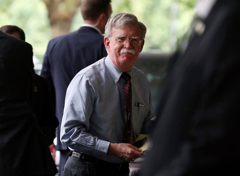 US National Security Advisor John Bolton arrives to speak to members of the media at a hotel in central London, Monday, Aug. 12, 2019. U.S. President Donald Trumpâ€™s national security adviser says the United States is ready to negotiate a post-Brexit trade deal with the U.K. "in pieces" to help speed the process. John Bolton met with British Prime Minister Boris Johnson on Monday, and their discussion covered Brexit, Hong Kong, Iran and other issues. (Yui Mok/PA via AP)