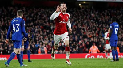 Soccer Football - Premier League - Arsenal vs Everton - Emirates Stadium, London, Britain - February 3, 2018   Arsenal's Aaron Ramsey celebrates scoring their fifth goal to complete his hat-trick    REUTERS/David Klein    EDITORIAL USE ONLY. No use with unauthorized audio, video, data, fixture lists, club/league logos or "live" services. Online in-match use limited to 75 images, no video emulation. No use in betting, games or single club/league/player publications.  Please contact your account representative for further details.
