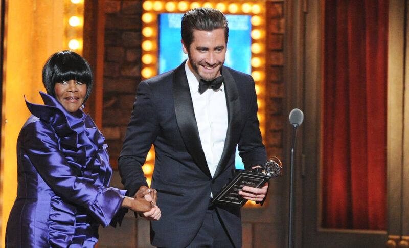 Winner for Best Performance by a Leading Actress in a Leading Role in a Play, Cicely Tyson, left, gets walked to the microphone by actor Jake Gyllenhaal presents the XXX award to XXX at the 67th Annual Tony Awards, on Sunday, June 9, 2013 in New York.  (Photo by Evan Agostini/Invision/AP) *** Local Caption ***  67th Annual Tony Awards - Show.JPEG-0152b.jpg