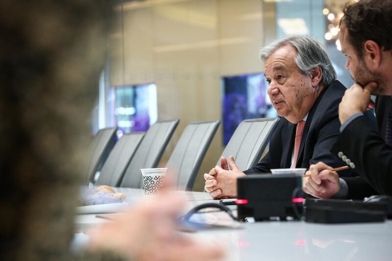 Antonio Guterres, secretary-general of the United Nations (UN), speaks during an interview in New York, U.S., on Thursday, May 10, 2018. Guterres has stated that he is 'deeply concerned' about the U.S. decision to abandon the Iran nuclear deal. Photographer: Christopher Goodney/Bloomberg