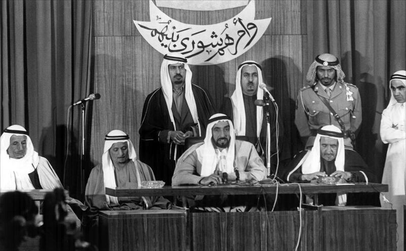 FNC HISTORY PACKAGE The inauguration of the first ordinary session of the first legislative chapter on 13/02/1972Sheikh Zayed bin Sultan, president of UAE  - Sheikh Rashid bin Saeed - Thani Abdullah, Chairman of the Council  - Mohammed Ahmed Al Oteiba, first vice chairman of the council.