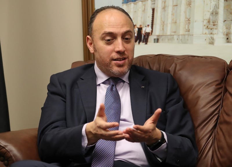Husam Zomlot, the Palestinian envoy to Washington, speaks during an interview with the Associated Press in Washington, Friday, Feb. 16, 2018. A few miles down the road from Israelâ€™s gated embassy, Zomlot sits in his office wrestling with a unique diplomatic dilemma: how to advance his peopleâ€™s cause at a time relations with the United States are so distant, he hasnâ€™t even spoken to the White House in months.(AP Photo/Pablo Martinez Monsivais)