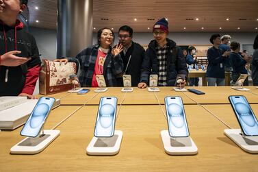 The latest iPhone 15 series on display during the opening of the new Apple Store in Jing'An, Shanghai, on Thursday. Bloomberg