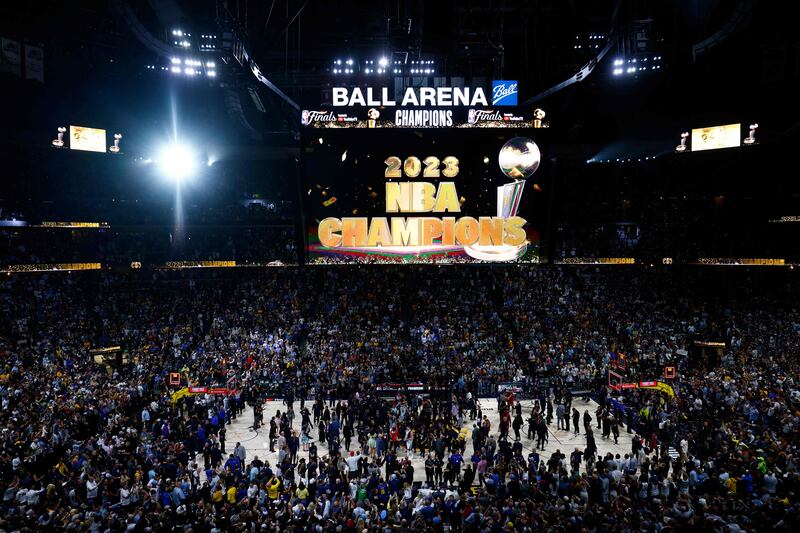 The Denver Nuggets celebrate after winning the NBA Championship at Ball Arena. AFP