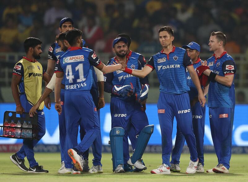VISAKHAPATNAM, INDIA - MAY 10: Trent Boult of the Delhi Capitals celebrates taking the wicket of Faf Du Plessis of the Chennai Super Kings during the Indian Premier League IPL Qualifier Final match between the Delhi Capitals and the Chennai Super Kings at ACA-VDCA Stadium on May 10, 2019 in Visakhapatnam, India. (Photo by Robert Cianflone/Getty Images)