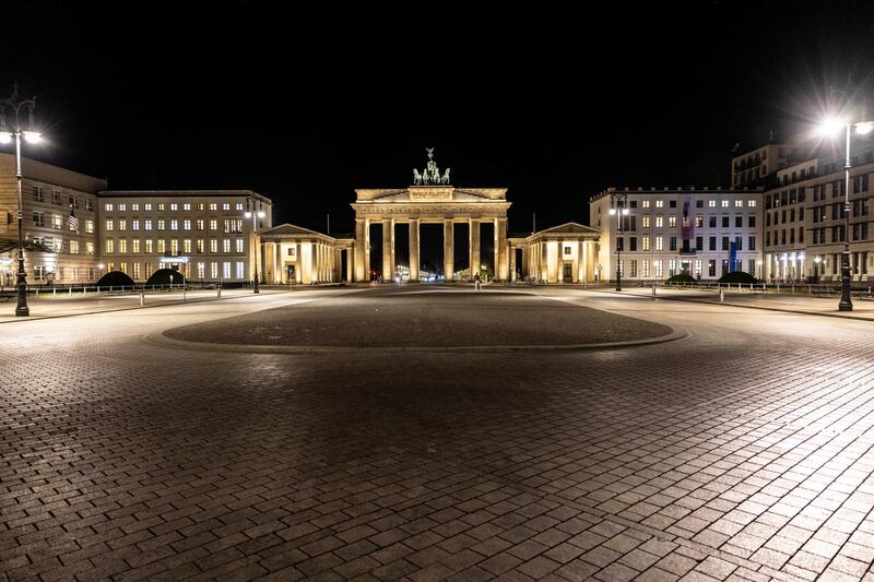 Pariser Platz at the Brandenburg Gate a stands empty after 10pm during a nighttime curfew in Berlin, Germany. The curfew went into effect in Berlin and other cities across Germany on April 24. Getty Images