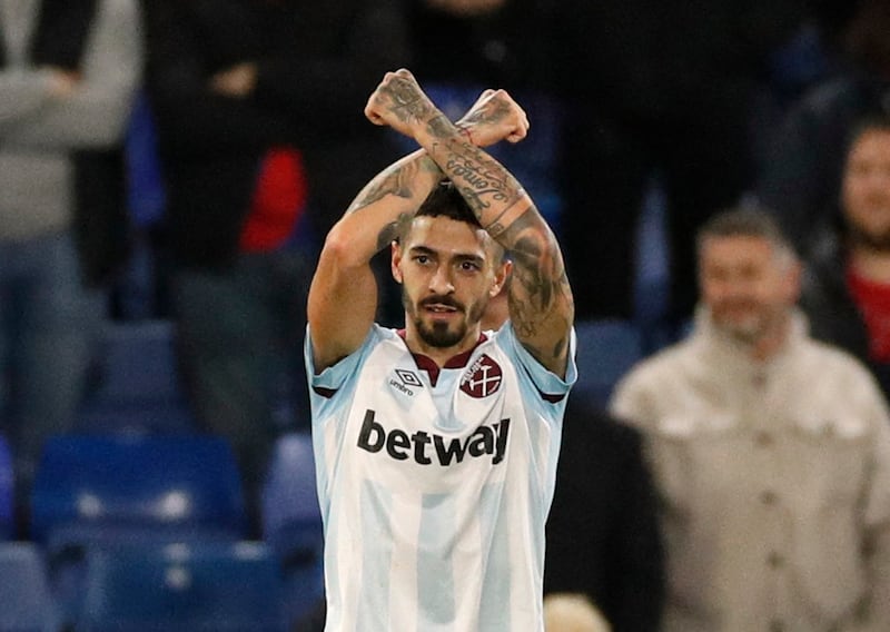 West Ham United's Manuel Lanzini celebrates scoring their third goal against Crystal Palace. West Ham won the match at Crystal Palace 3-2. Reuters