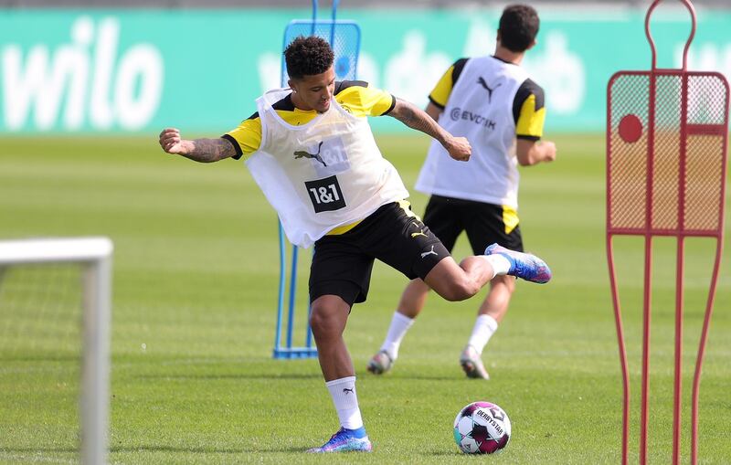 Jadon Sancho attends a training session with Borussia Dortmund at the team training grounds in Dortmund. EPA