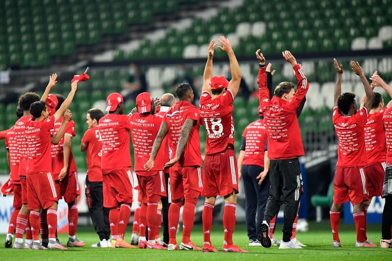 Bayern players celebrate end of the Bundesliga match against Werder Bremen. AP