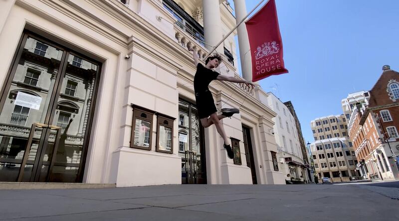Royal Ballet dancer William Bracewell performs outside the Royal Opera House. Reuters