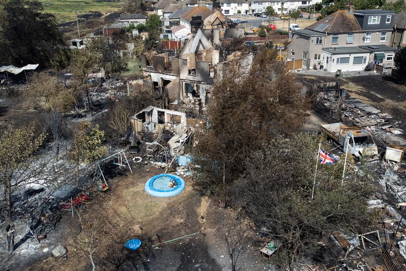 The rubble and destruction in Wennington, England, after an enormous fire in July 2022, as the UK experienced a record heatwave