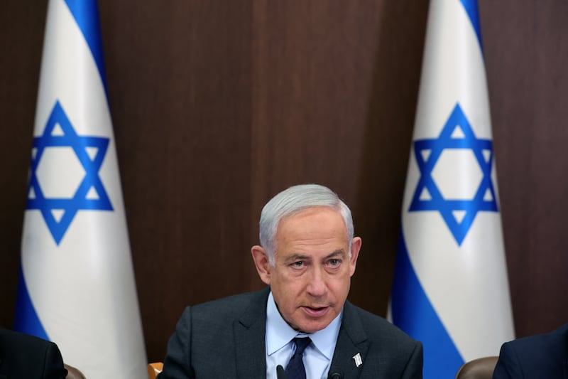 Israeli Prime Minister Benjamin Netanyahu attend the weekly cabinet meeting in the prime minister's office in Jerusalem, 30 April 2023.   EPA / ABIR SULTAN  /  POOL