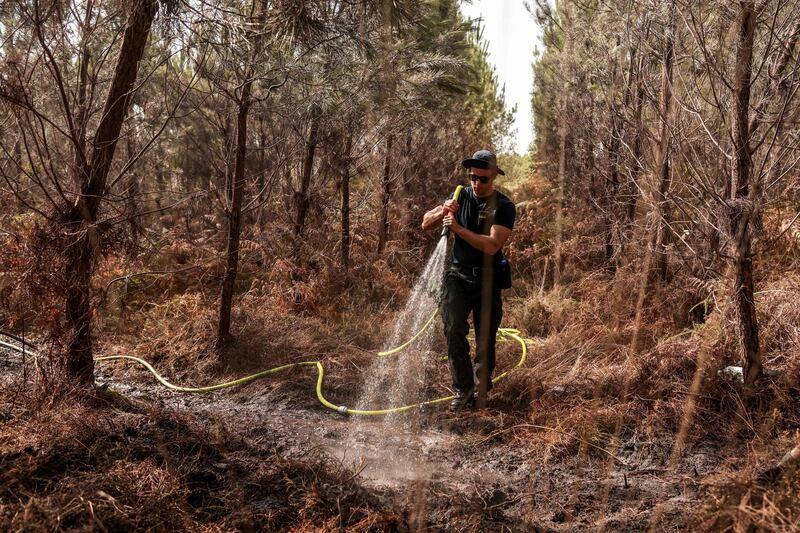 A German firefighter sprays water to put out lingering hot spots left by the wildfire near Belin-Beliet in France on Saturday. AFP