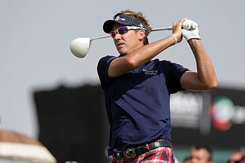 Ian Poulter on his way to a two-stroke lead in the Dubai  World Championship yesterday.