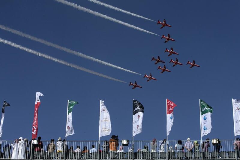 The famous Red Arrows from Great Britain entertain the crowd at the10th Annual Al Ain Aerobatics Show. Silvia Razgova / The National