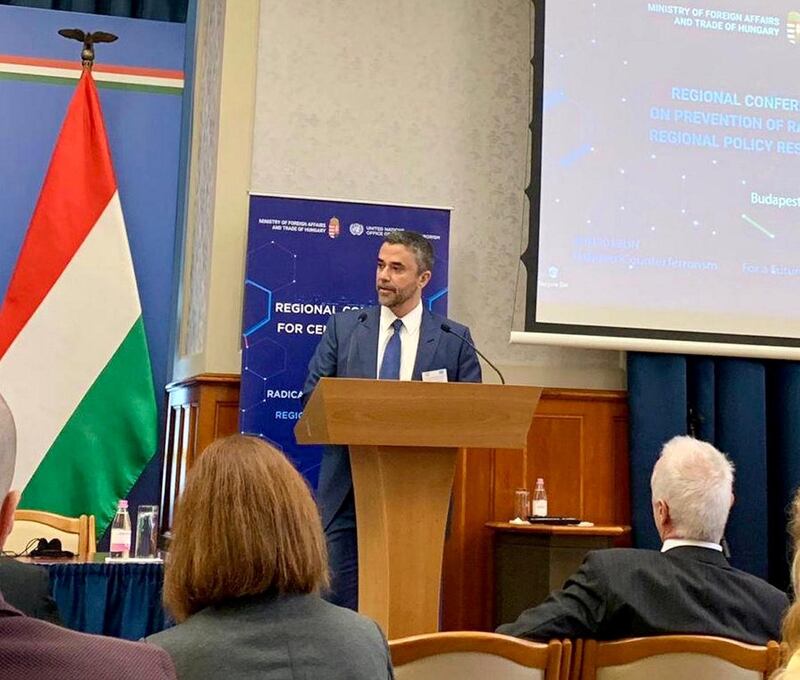 Omar Ghobash, the UAE Assistant Minister for Culture and Public Diplomacy, speaks at a UN counter-terrorism conference in Budapest, Hungary on November 9, 2019. UAE Ministry of Foreign Affairs and International Co-operation