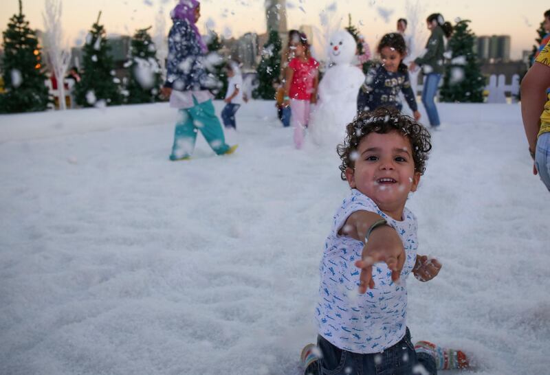 Abu Dhabi, United Arab Emirates, December 31, 2017.   New Year's Eve At the Abu Dhabi New Year's Eve Village.   Free for all at the Snow Fight area.
Victor Besa for The National.
National
Reporter:  John Dennehy