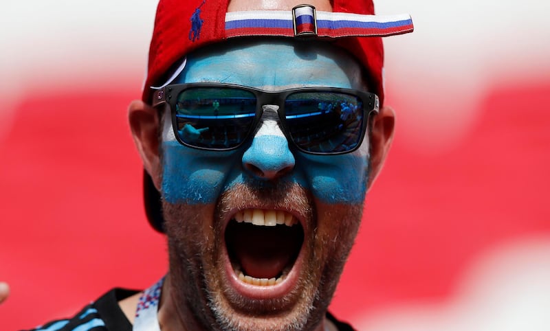 An Argentinian fan shouts as he waits the round of 16 match between France and Argentina, at the 2018 soccer World Cup at the Kazan Arena in Kazan, Russia, on June 30, 2018. Frank Augstein / AP Photo