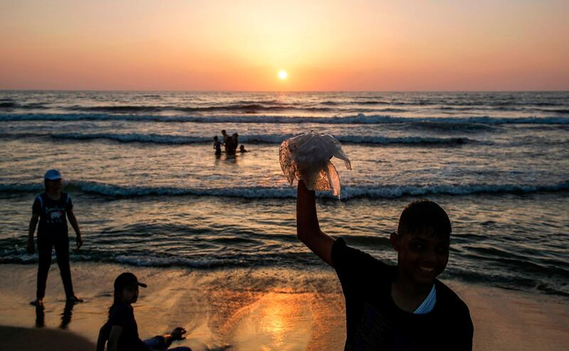 A Palestinian boy holds up a jellyfish that washed-up on the shore in Gaza City.  AFP