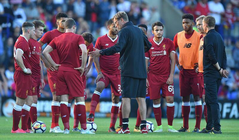 Liverpool manager Jurgen Klopp gives instructions to his second half team during the pre-season friendly at Prenton Park, Tranmere. PRESS ASSOCIATION Photo. Picture date: Wednesday July 12, 2017. Photo credit should read: Dave Howarth/PA Wire. RESTRICTIONS: EDITORIAL USE ONLY No use with unauthorised audio, video, data, fixture lists, club/league logos or "live" services. Online in-match use limited to 75 images, no video emulation. No use in betting, games or single club/league/player publications.