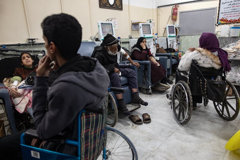 Kidney patients wait for dialysis treatment at Al Najjar Hospital in Rafah, after being relocated from Nasser Hospital in Khan Younis by WHO teams. EPA