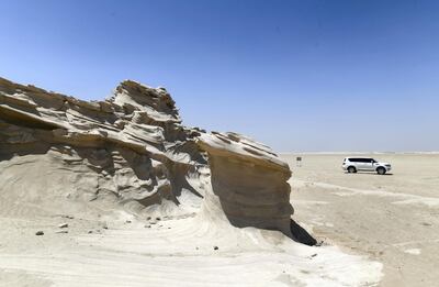 Abu Dhabi, United Arab Emirates - Ancient rock formations, a popular visitor attraction on the outskirts desert area, at Al Wathba. Khushnum Bhandari for The National