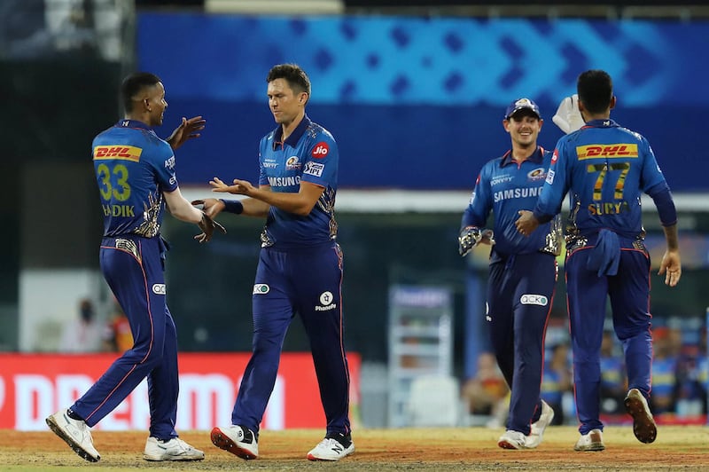 Trent Boult of Mumbai Indians celebrates the wicket of Rashid Khan of Sunrisers Hyderabad during match 9 of the Vivo Indian Premier League 2021 between the Mumbai Indians and the Sunrisers Hyderabad held at the M. A. Chidambaram Stadium, Chennai on the 17th April 2021.

Photo by Faheem Hussain / Sportzpics for IPL