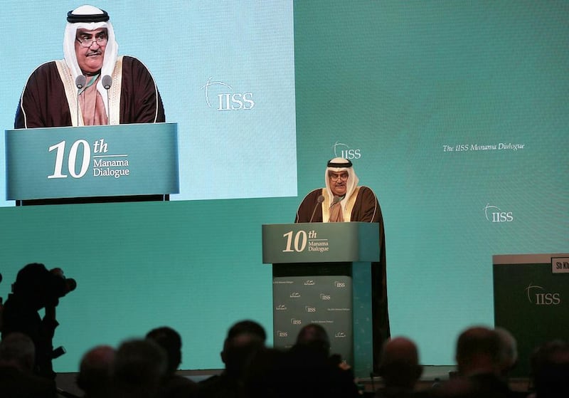 Bahraini Foreign Minister Khalid bin Ahmad Al Khalifa speaks during the 10th International Institute for the Strategic Studies Manama Dialogue on December 6. Hasan Jamali / AP