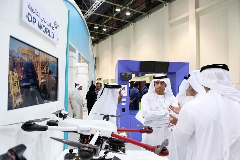 Drones are on display at the DP World stand. Pawan Singh / The National