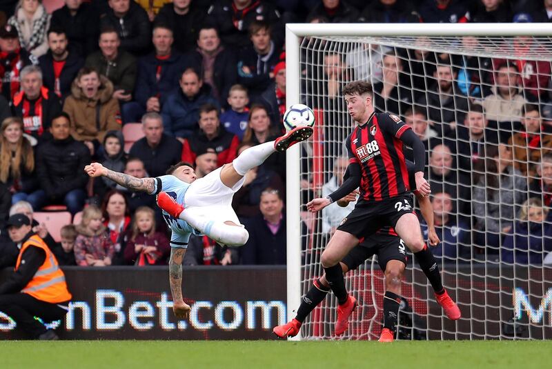 Nicolas Otamendi of Manchester City attempts an acrobatic shot. Getty Images