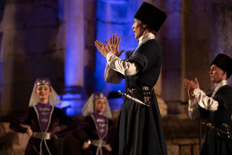 Circassian dancers from Al-Jeel Al-Jadeed Club (the New Generation Club) perform during the 2019 Jerash Festival of Culture and Arts at the Jerash archeological site, Jerash, some 46 km North of Amman, Jordan.  EPA