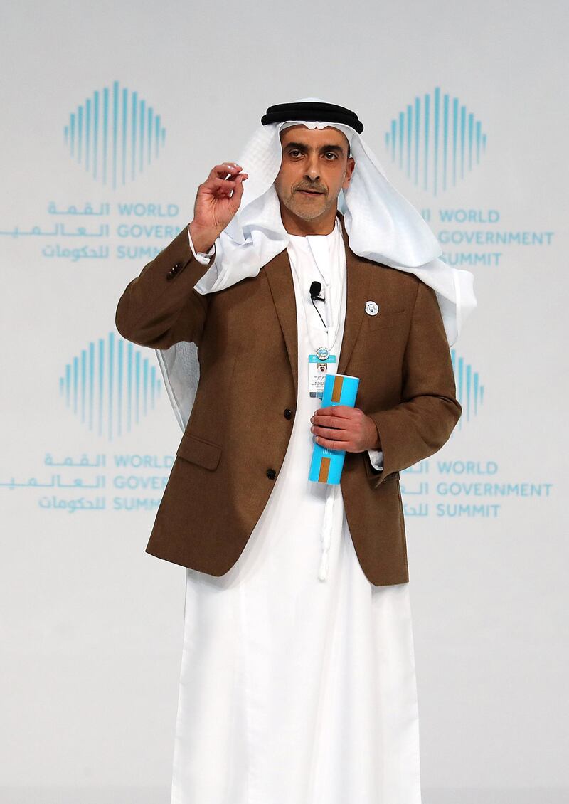 DUBAI , UNITED ARAB EMIRATES , FEB 11  – 2018 :- Sheikh Saif Bin Zayed Al Nahyan , Deputy Prime Minister and Minister of Interior , UAE speaking in the plenary session ‘ The Land of Inspiration and Opportunities’ on the first day of World Government Summit 2018 held at Madinat Jumeirah in Dubai. ( Pawan Singh / The National ) For News. 