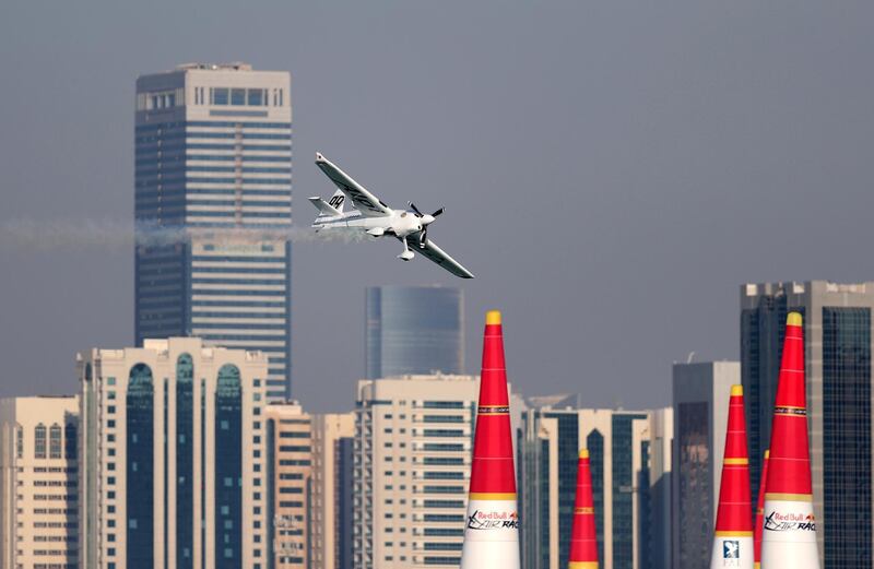 Abu Dhabi, United Arab Emirates - February 3rd, 2018: Michael Goulian (eventual winner) competes in the Master event at the Red Bull Air Race World Championship, Abu Dhabi stage. Saturday, February 3rd, 2018 at Corniche Breakwaters, Abu Dhabi. Chris Whiteoak / The National