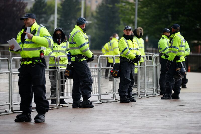 Police officers and stewards at the Old Trafford on Thursday with more protests expected. Reuters