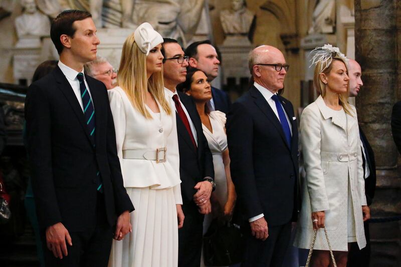 Jared Kushner, senior White House adviser, from left, Ivanka Trump, assistant to US President Donald Trump, Steven Mnuchin, US Treasury secretary, and Woody Johnson, US ambassador to the United Kingdom, attend a wreath laying ceremony at Westminster Abbey in London. Bloomberg