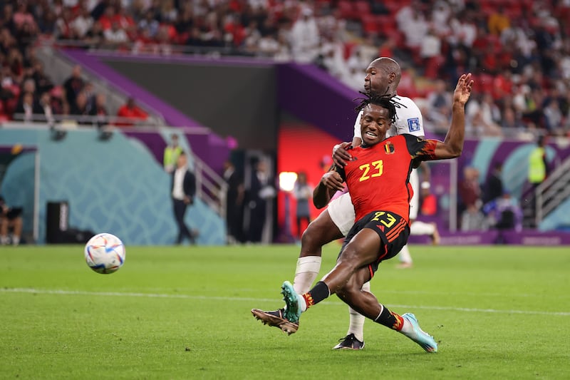 Michy Batshuayi of Belgium scores their first goal in the World Cup Group F match against Canada at Ahmad bin Ali Stadium on November 23, 2022, in Doha, Qatar. Getty 