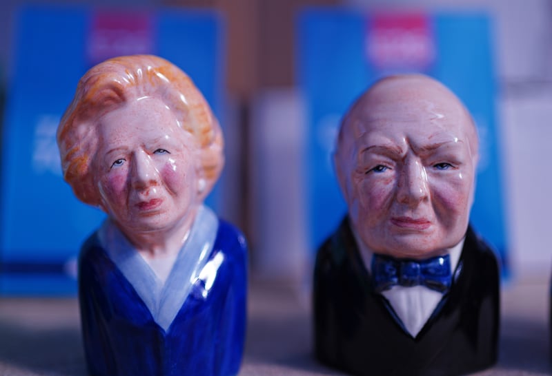 Novelty Toby Jugs of former prime ministers Margaret Thatcher and Winston Churchill at the Conservative Party Spring Forum at Winter Gardens, Blackpool. PA