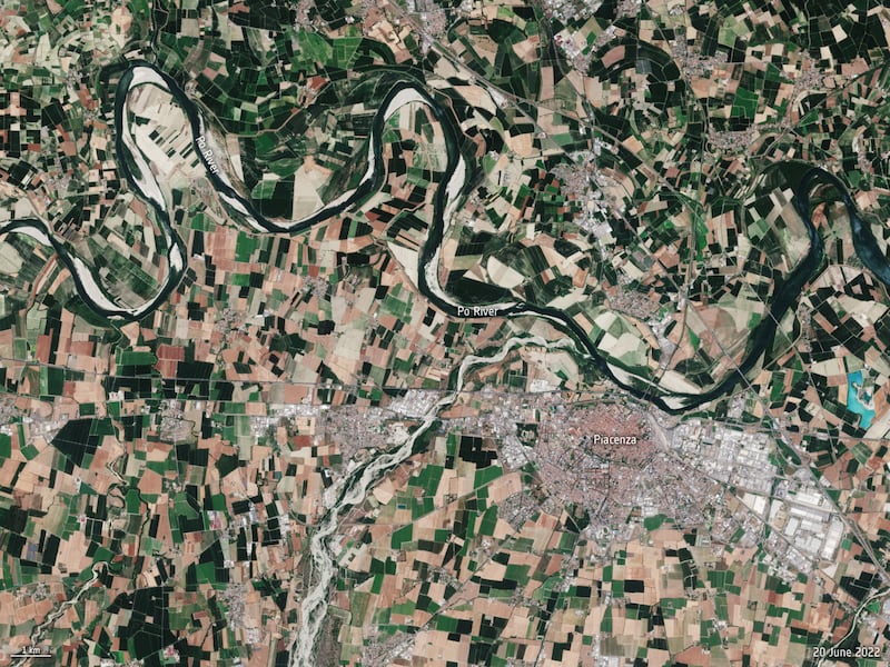 A Copernicus Sentinel-2 satellite image shows low water levels in the Po River in northern Italy. Reuters
