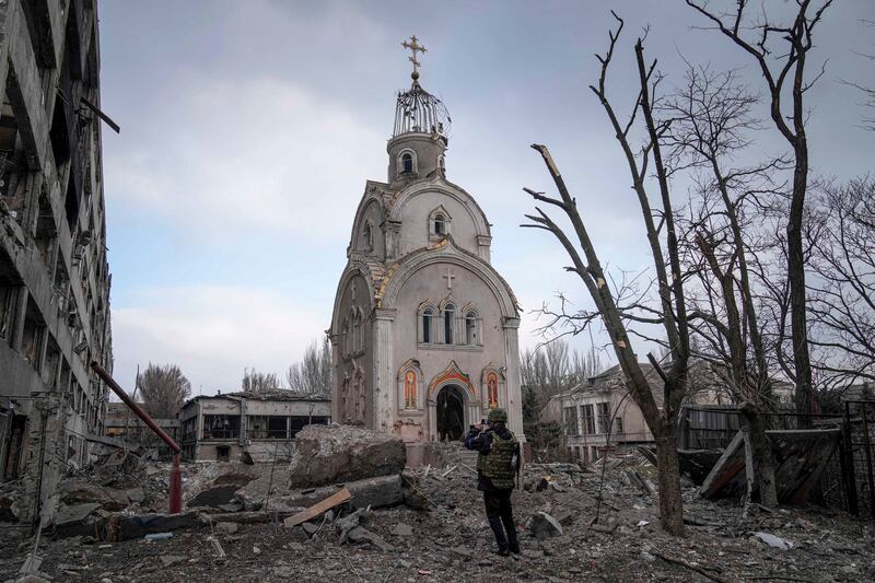 A church damaged by shelling in a residential area of Mariupol, Ukraine. AP