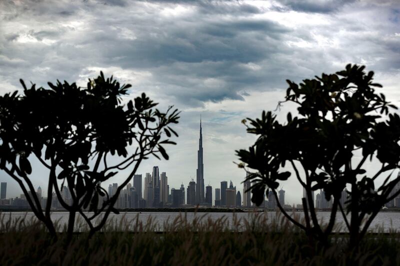 Dubai, United Arab Emirates - Reporter: N/A: Weather. Dramatic skies over the Dubai skyline including the Burj Khalifa after heavy rain. Saturday, March 21st, 2020. Dubai Creek Harbour, Dubai. Chris Whiteoak / The National