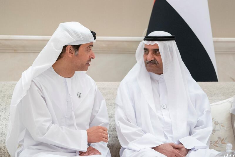 ABU DHABI, UNITED ARAB EMIRATES - May 27, 2019: HH Sheikh Hazza bin Zayed Al Nahyan, Vice Chairman of the Abu Dhabi Executive Council (L) speaks with HH Sheikh Hamad bin Mohamed Al Sharqi, UAE Supreme Council Member and Ruler of Fujairah (R), during an iftar reception at Al Bateen Palace.

( Mohamed Al Hammadi / Ministry of Presidential Affairs )
---