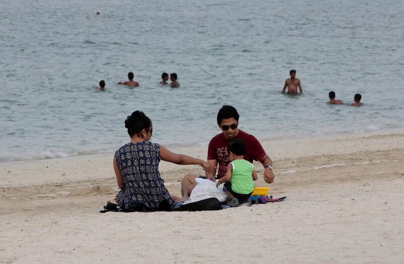 Families of different nationalities mostly expatriates spend time to celebrate Eid in beaches, like Mamzar open beach. Jeffrey E Biteng / The National 