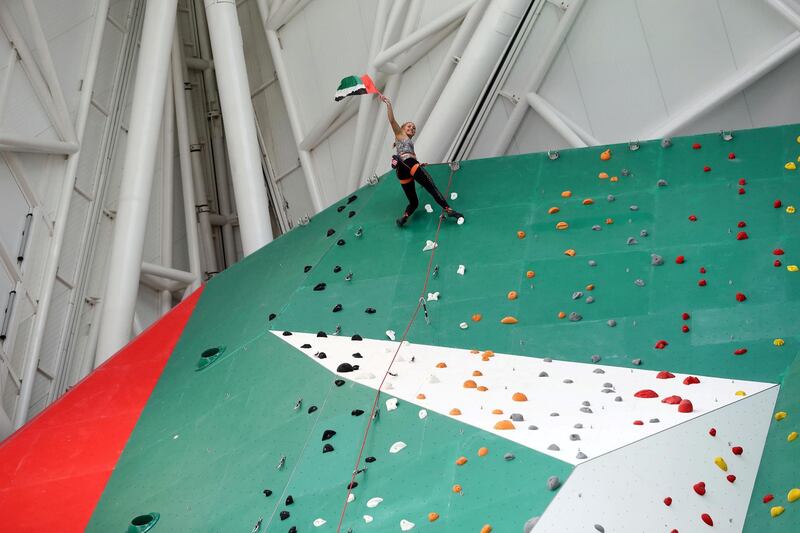 Abu Dhabi, United Arab Emirates - November 28th, 2019: Climber Sasha DiGiulian. Athletes and famous skydivers as well as climbers will be the first who experience the world's biggest indoor skydiving flight chamber and the world's tallest indoor climbing wall on the opening ceremony of the ultimate indoor adventure venue, Clymb. Thursday, November 28th, 2019. Yas Mall, Abu Dhabi. Chris Whiteoak / The National