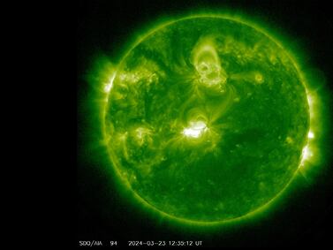 A geomagnetic storm forming on the Sun, as seen from Nasa's solar dynamics observatory on Saturday. Nasa