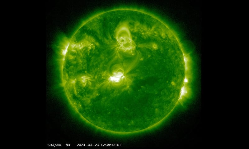 This image from Nasa’s solar dynamics observatory on Saturday shows a geomagnetic storm caused by a solar flare. AP