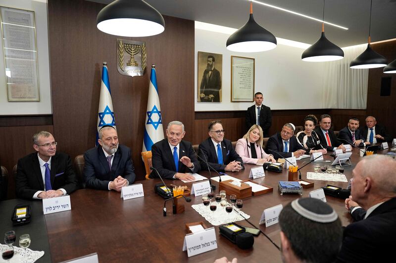 Benjamin Netanyahu during the first cabinet meeting of his new government in Jerusalem. AFP